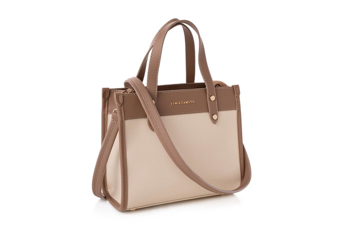 Vince Camuto Cortona Bolso tote de piel de polivinilo en crema y visón, Elegante y sofisticado accesorio de moda para mujer
